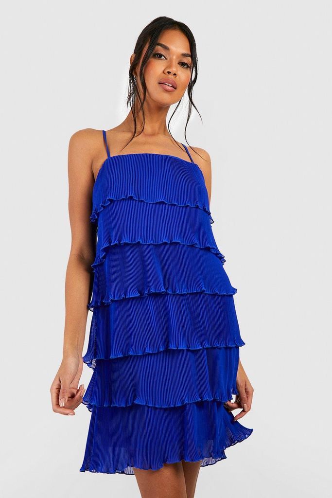 Womens Strappy Pleated Tiered Mini Dress - Blue - 8, Blue