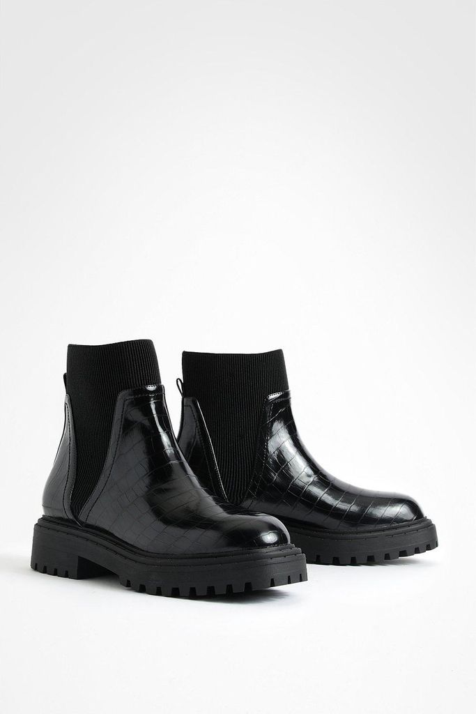 Womens Wide Fit V Detail Croc Chelsea Boots - Black - 3, Black