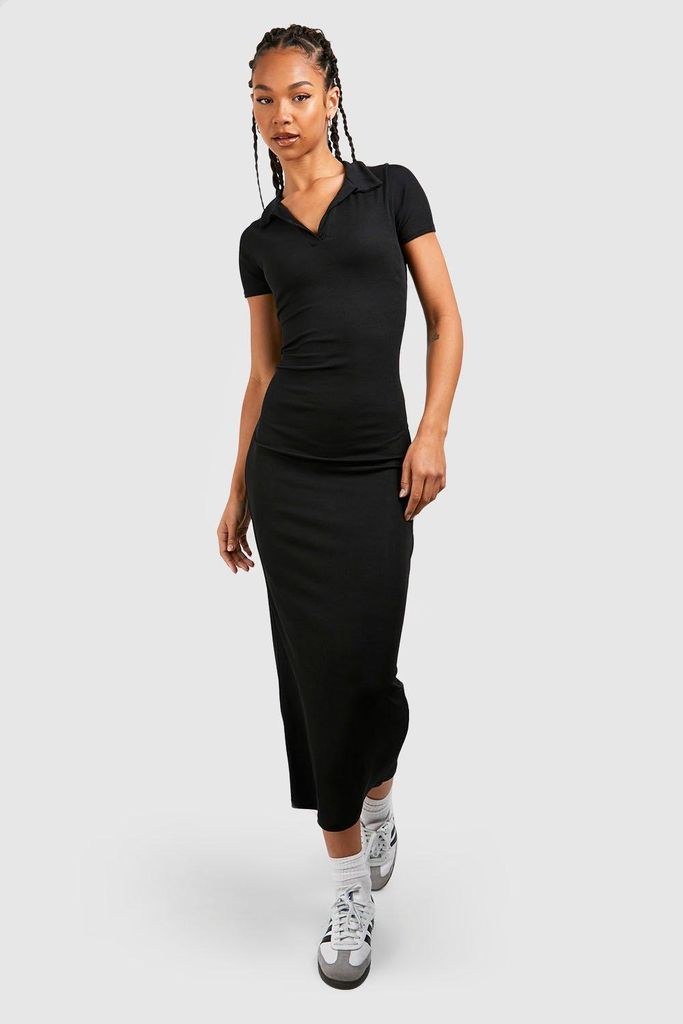Womens Tall Rib Open Collar Midaxi Column Dress - Black - 8, Black