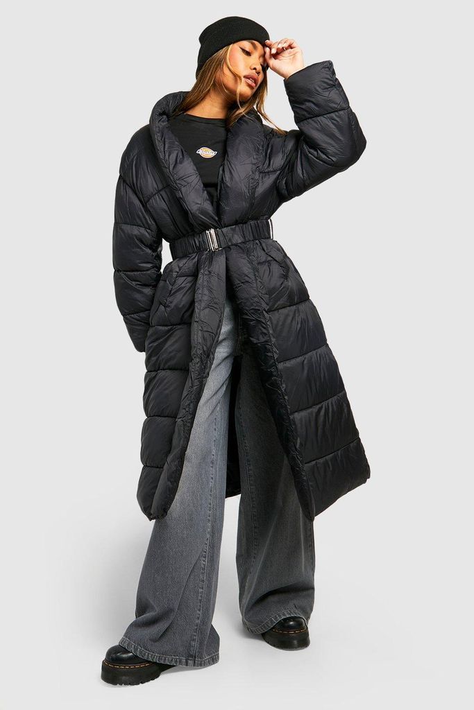 Womens Belted Duvet Puffer Jacket - Black - 8, Black