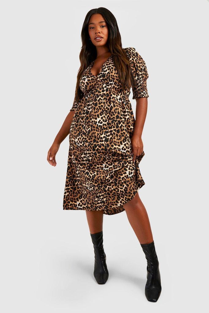Womens Plus Leopard Shirred Cuff Midi Dress - Brown - 28, Brown