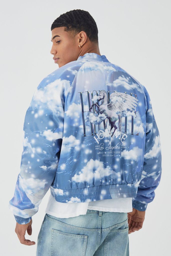 Men's Boxy Cloud Print Satin Bomber With Embroidery - Grey - S, Grey