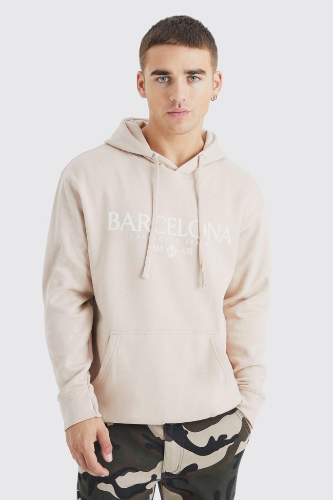 Men's Oversized Barcelona Print Hoodie - Beige - S, Beige