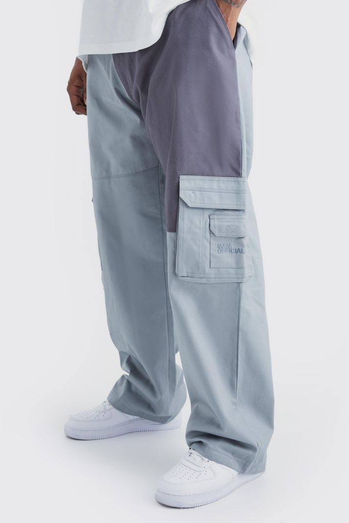 Men's Plus Relaxed Fit Colour Block Tonal Branded Cargo Trouser - Grey - 38, Grey
