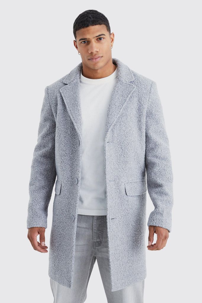 Men's Single Breasted Boucle Overcoat - Grey - S, Grey