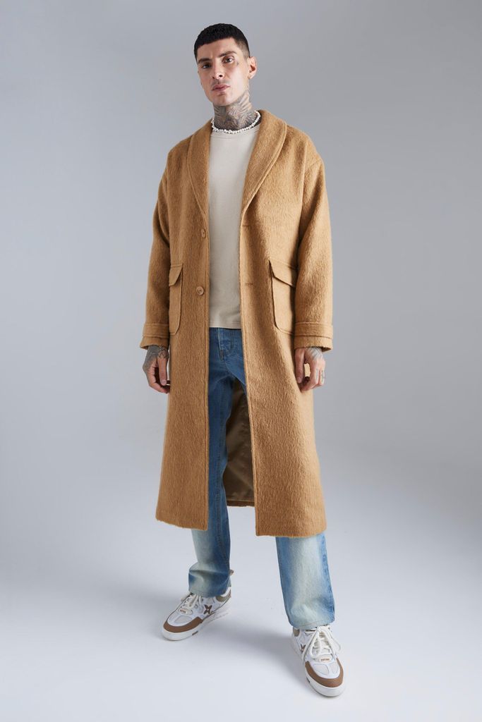 Men's Single Breasted Brushed Wool Look Belted Overcoat - Beige - S, Beige