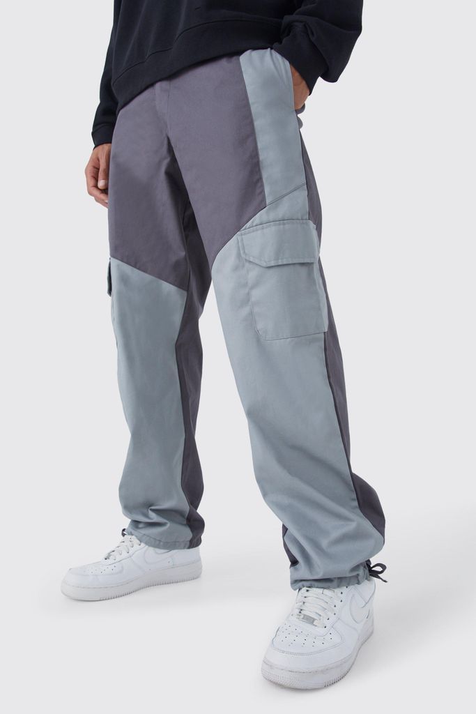 Men's Tall Slim Fit Colour Block Cargo Trouser With Woven Tab - Grey - 30, Grey