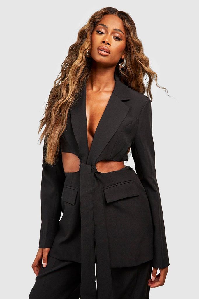 Womens Cut Out Knot Detail Fitted Blazer - Black - 6, Black