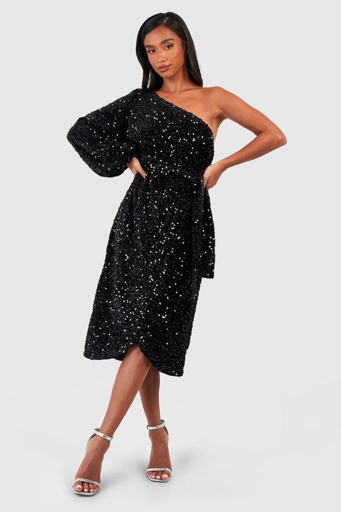 Womens Petite Velvet Sequin Asymmetric Wrap Midi Dress - Black - 6, Black
