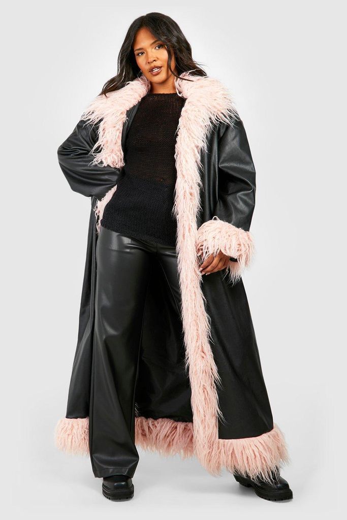 Womens Plus Faux Fur Trim Pu Coat - Black - 16, Black