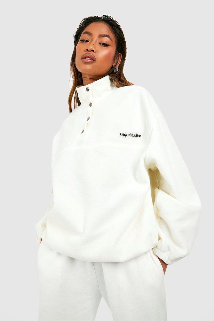 Womens Polar Fleece Pocket Detail Half Zip Oversized Sweatshirt - White - S, White