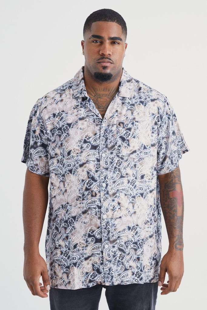 Men's Plus Short Sleeve Viscose All Over Print Shirt - Brown - Xxxl, Brown