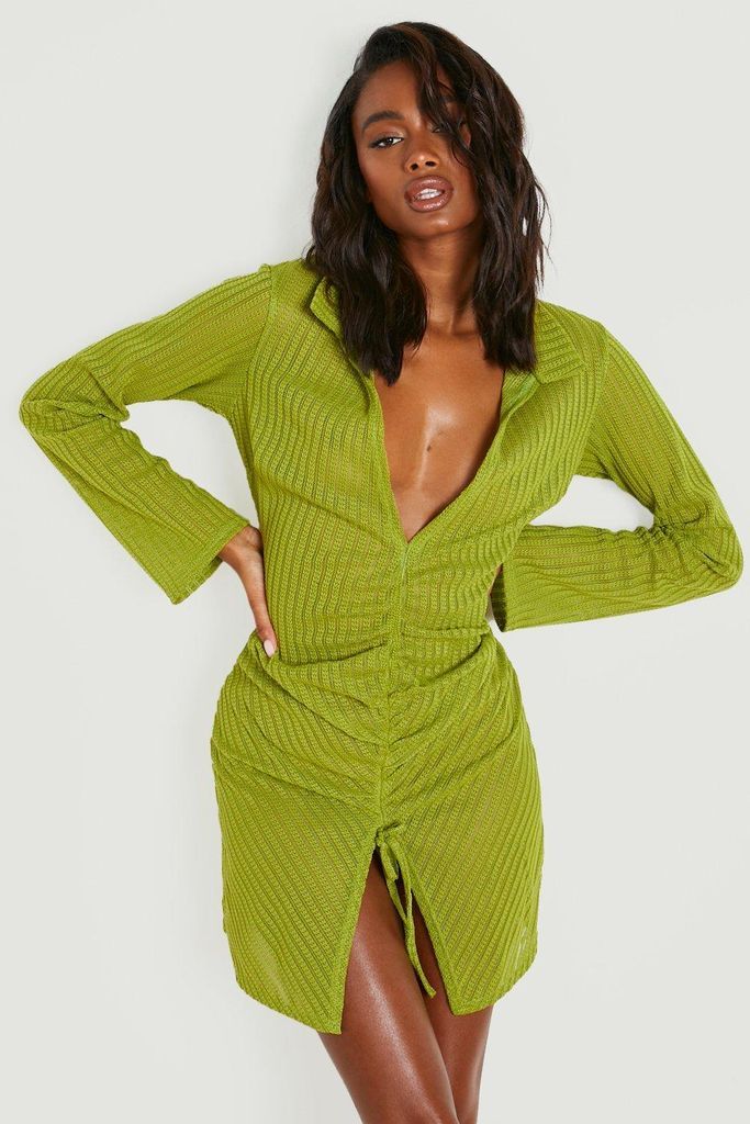Womens Crochet Rib Ruched Beach Shirt Dress - Green - S, Green