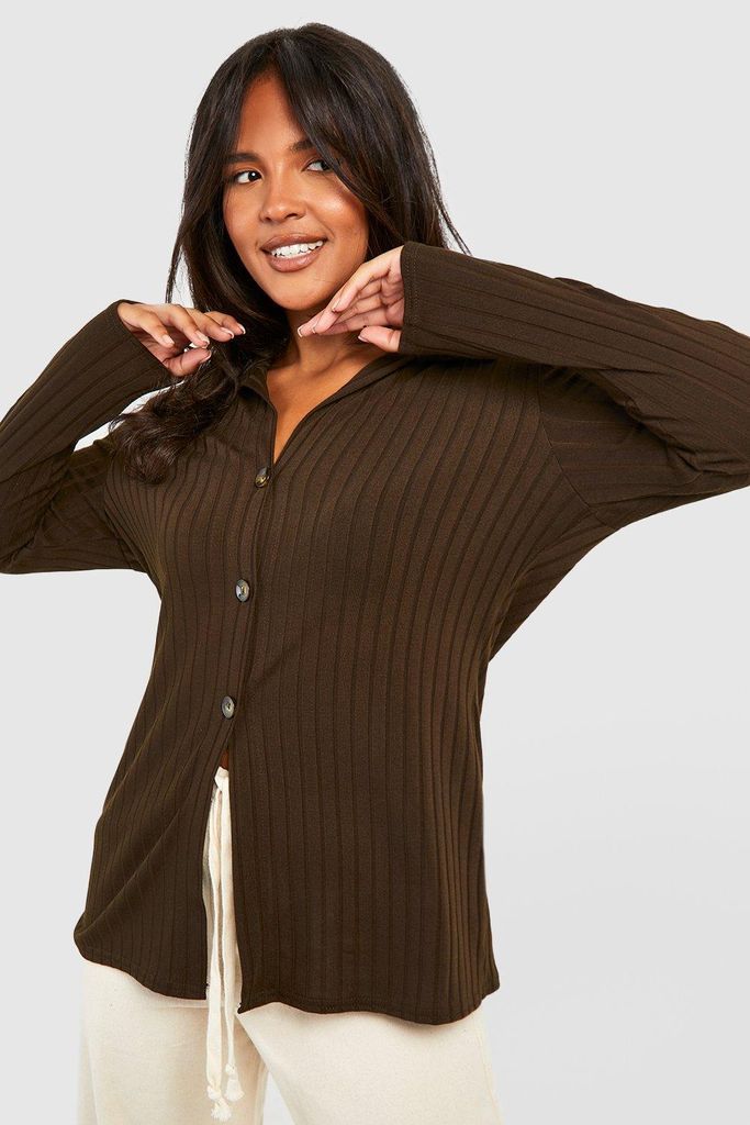Womens Plus Knitted Rib Button Front Collared Cardigan - Brown - 18, Brown