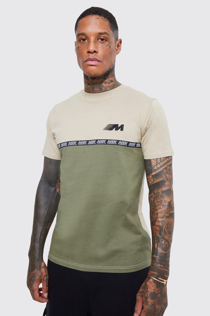 Men's Man Slim Colour Block And Tape T-Shirt - Green - M, Green