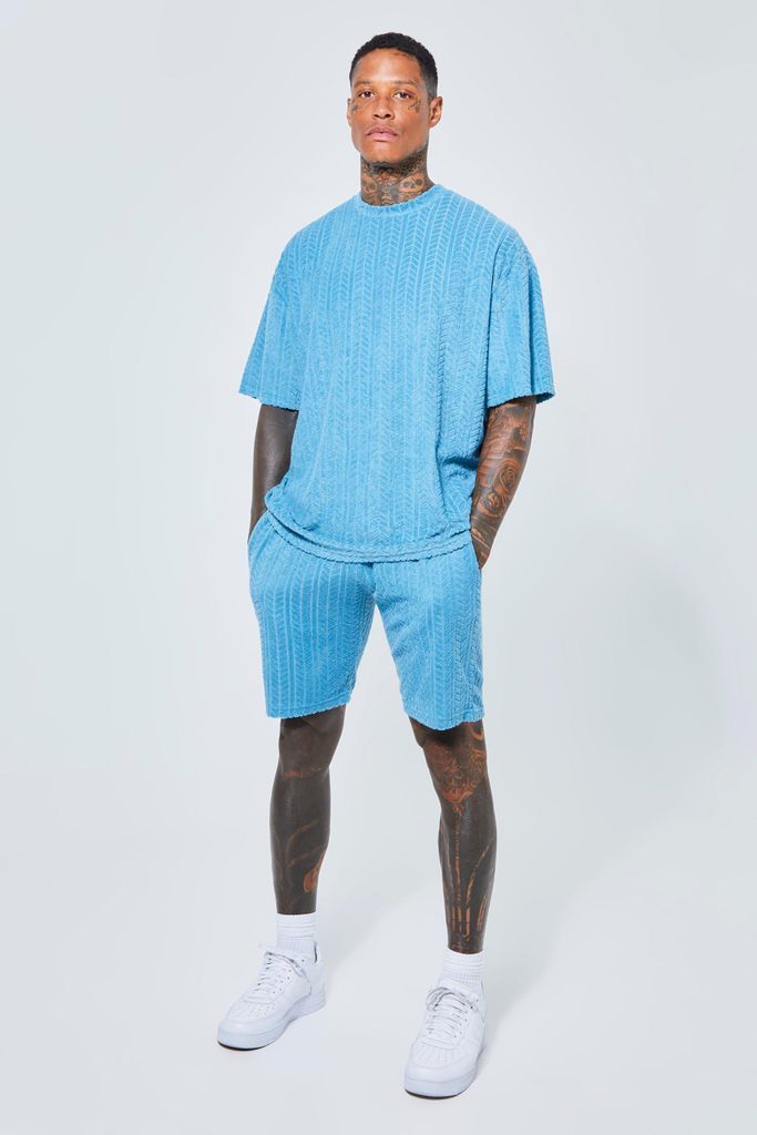 Men's Oversized Check Towelling T-Shirt & Short Set - Blue - M, Blue