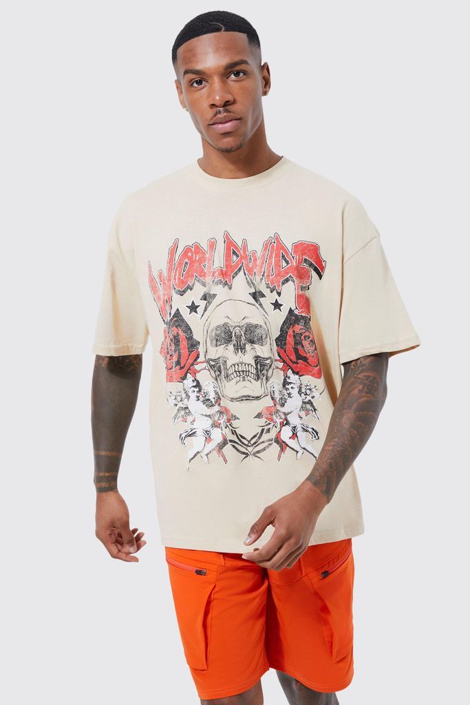 Men's Oversized Floral Skull Graphic T-Shirt - Beige - M, Beige