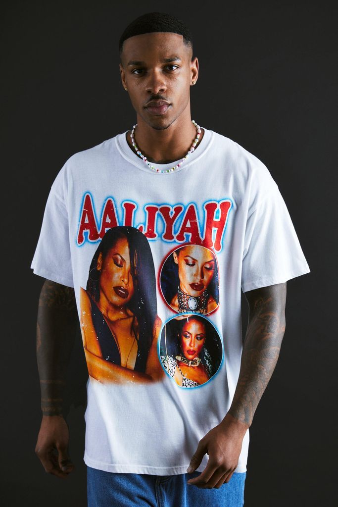 Men's Oversized Aaliyah License T-Shirt - White - L, White