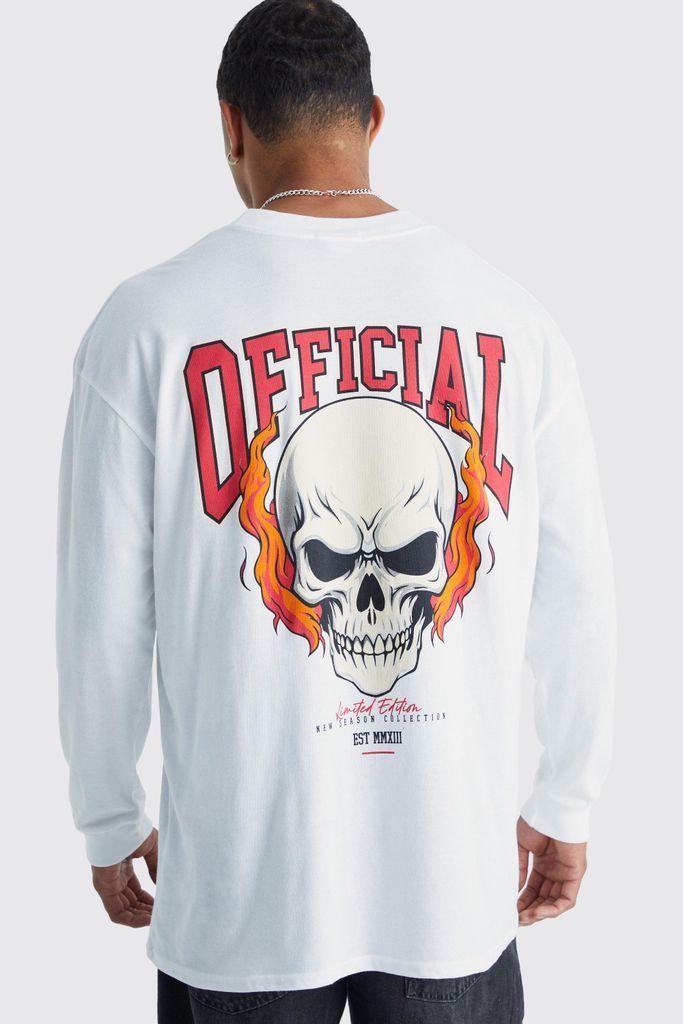 Men's Oversized Long Sleeve Skull Graphic T-Shirt - White - S, White