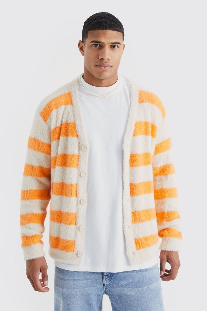 Men's Oversized Stripe Fluffy Cardigan - Beige - S, Beige