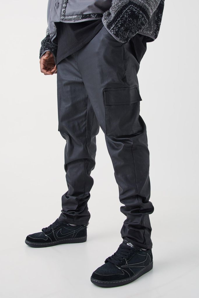 Men's Plus Skinny Stacked Coated Twill Cargo Trouser - Black - 38, Black