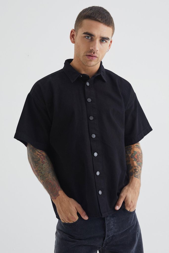Men's Short Sleeve Boxy Fit Denim Shirt - Black - S, Black