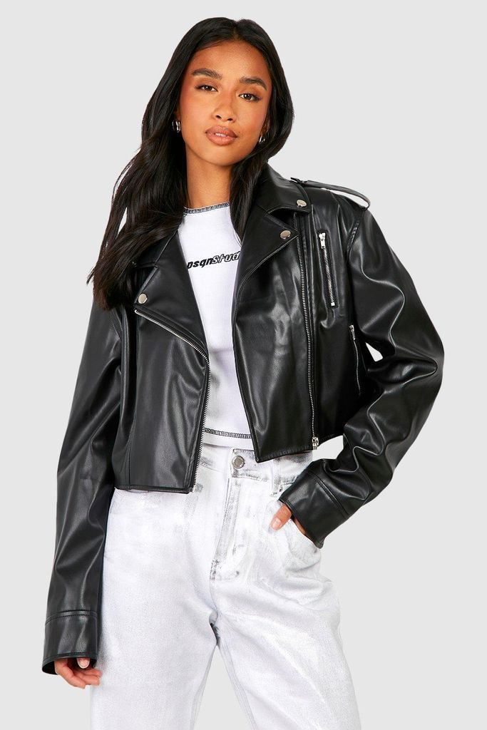 Womens Petite Crop Faux Leather Biker Jacket - Black - 12, Black