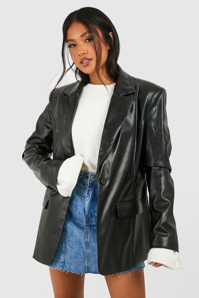 Womens Petite Tailored Faux Leather Blazer - Black - 6, Black