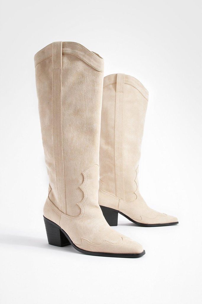 Womens Wide Fit Knee High Heeled Western Cowboy Boots - Beige - 3, Beige