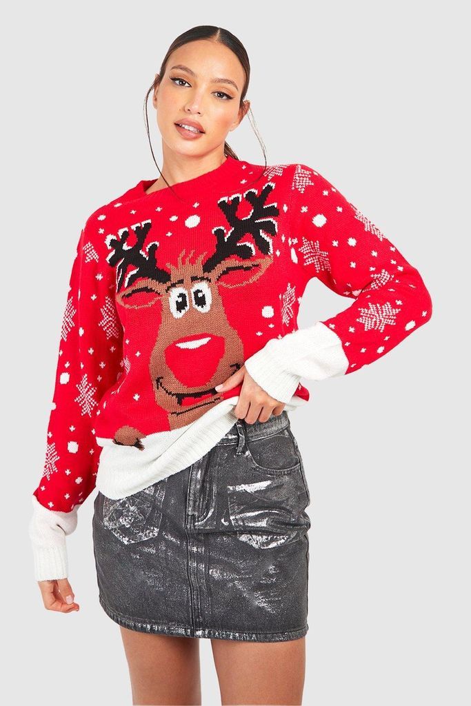 Womens Tall Reindeer Christmas Jumper - Red - S, Red
