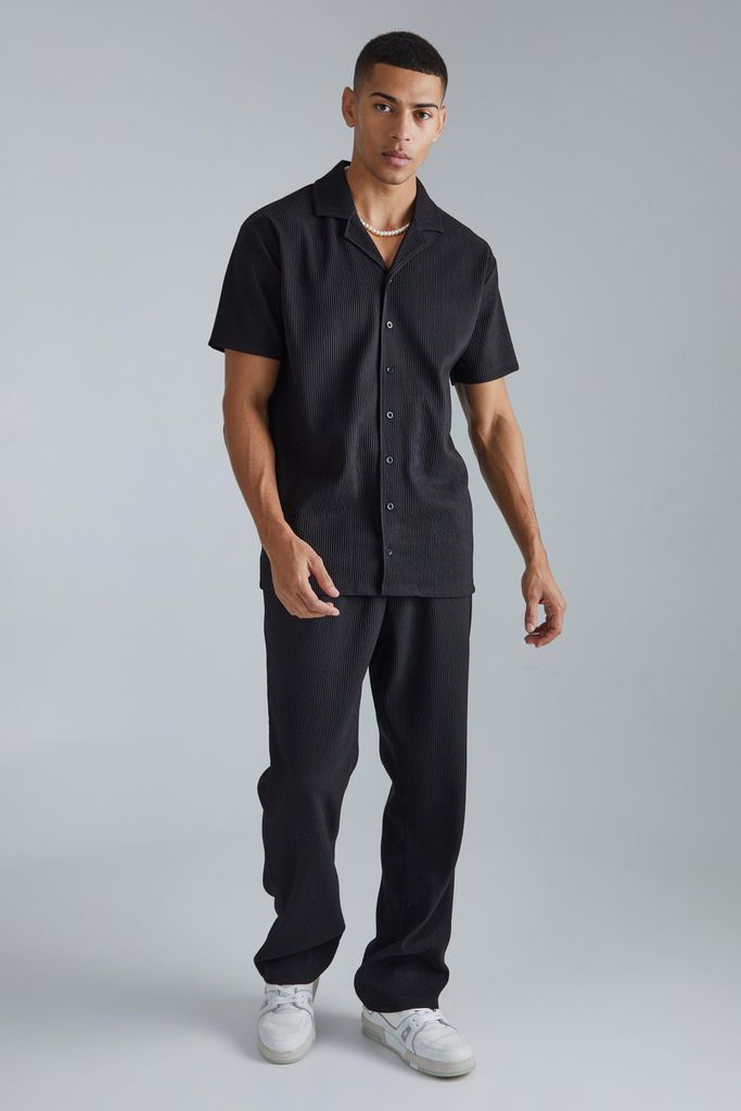 Men's Heavy Pleated Revere Shirt And Trouser Set - Black - S, Black