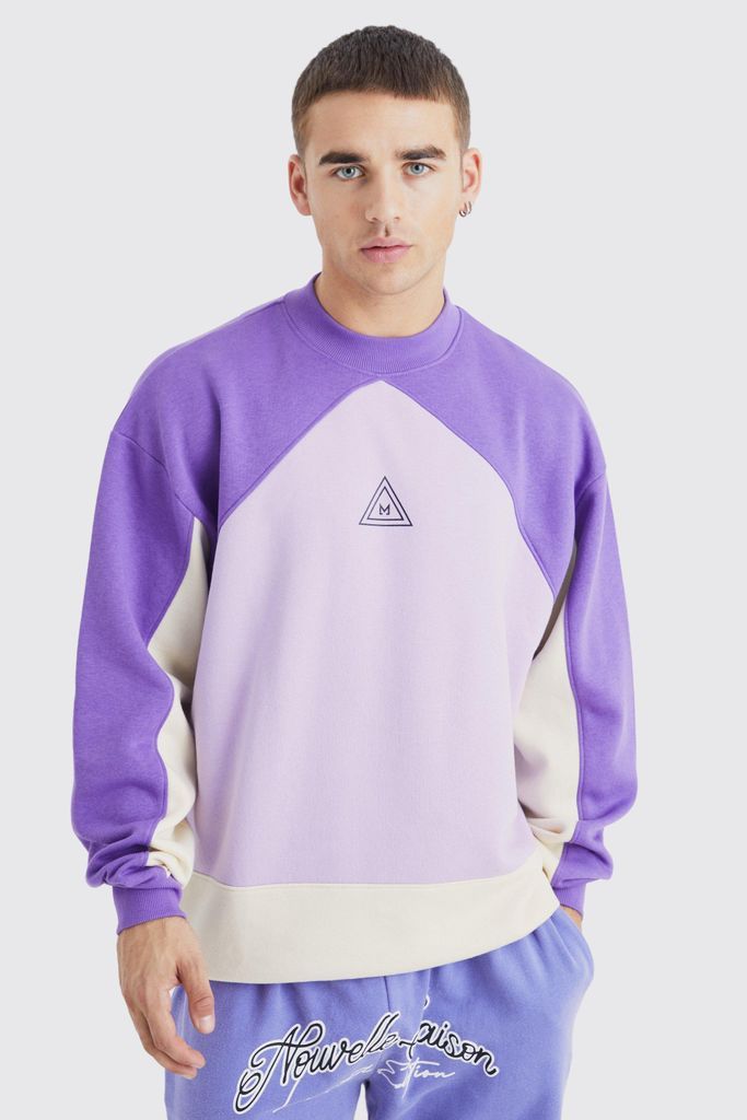 Men's Oversized Extended Neck Branded Colour Block Sweatshirt - Purple - S, Purple