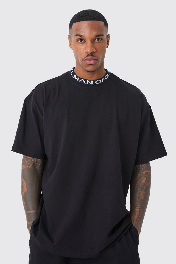 Men's Oversized Jacquard Neck T-Shirt - Black - S, Black