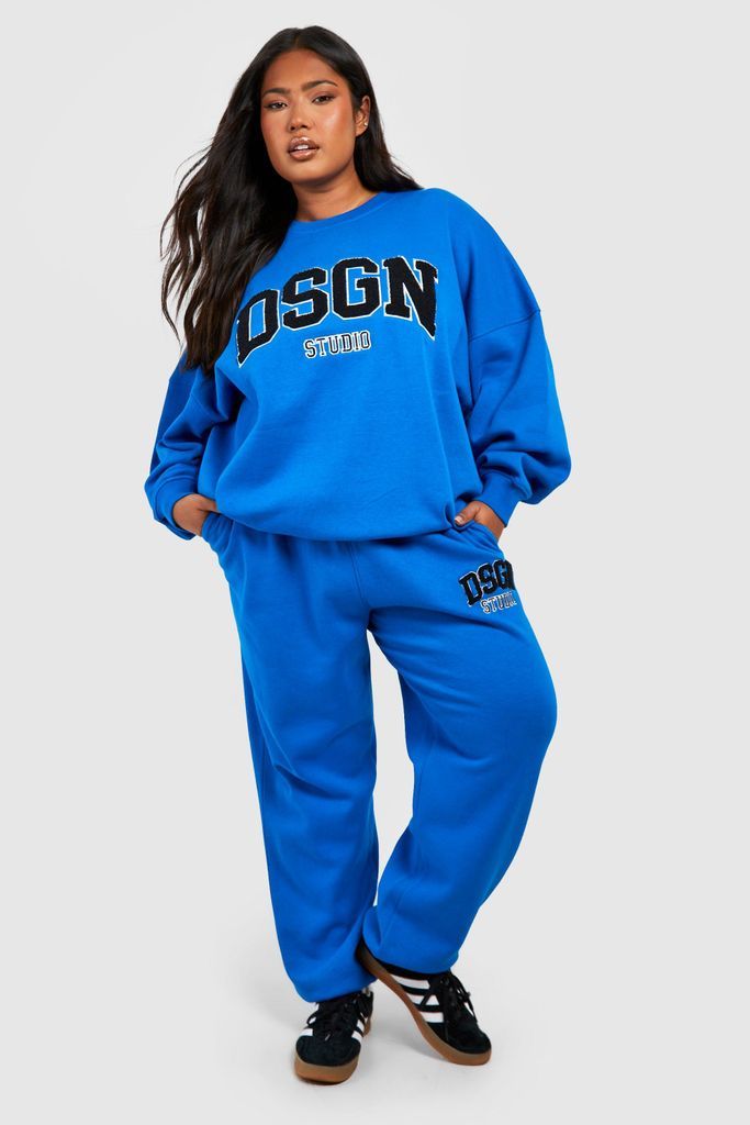 Womens Plus Dsgn Studio Towelling Applique Sweatshirt Tracksuit - Blue - 16, Blue