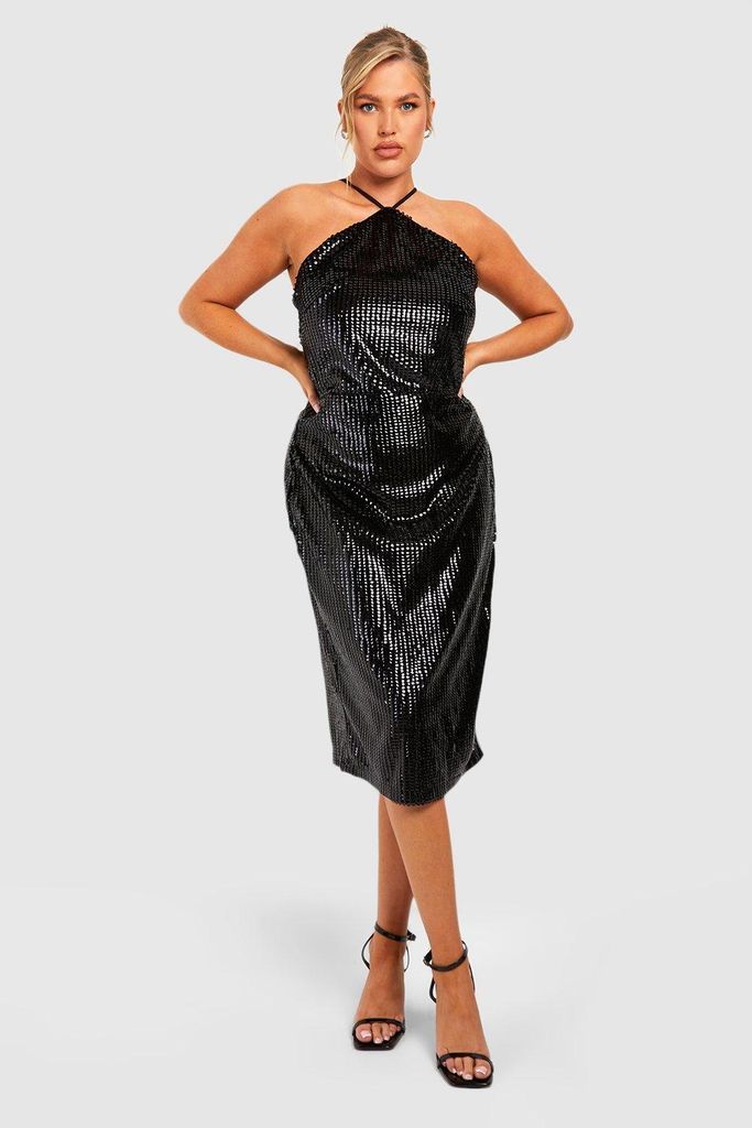 Womens Plus Matte Sequin Halterneck Midi Dress - Black - 16, Black