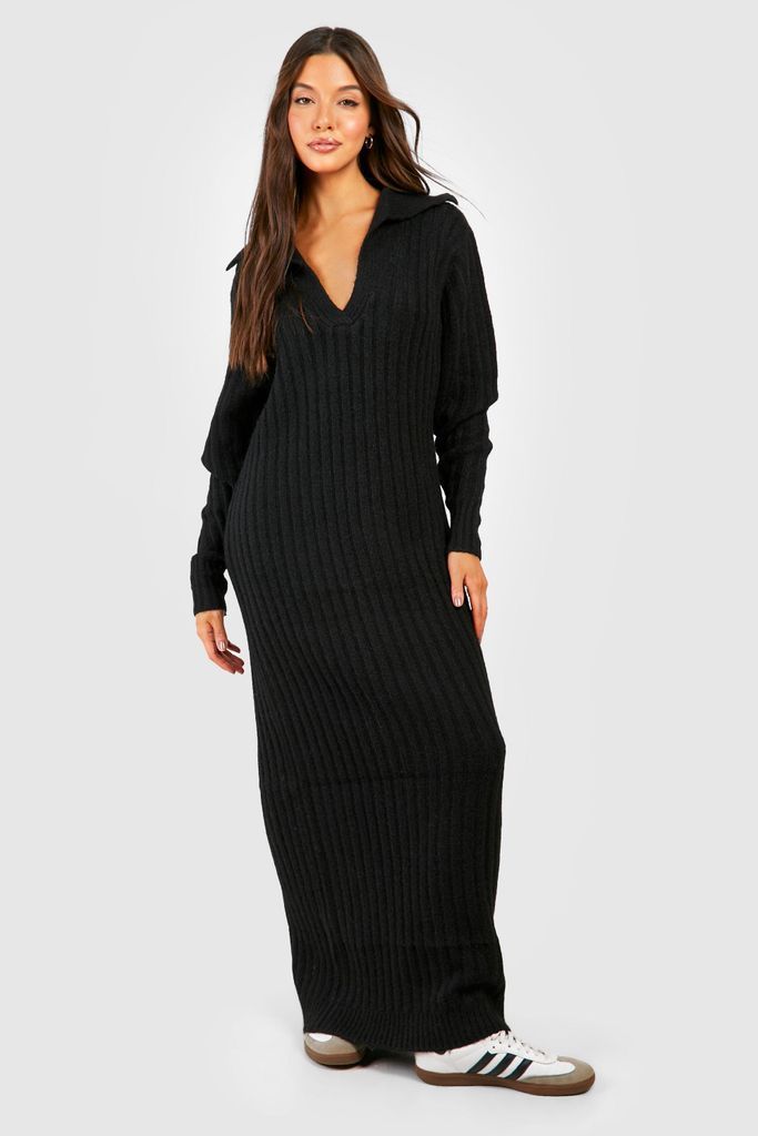 Womens Soft Wide Rib Polo Collar Maxi Jumper Dress - Black - 8, Black