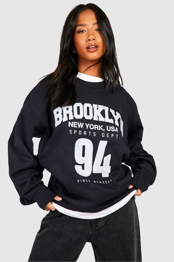 Womens Petite Brooklyn Slogan Printed Varsity Oversized Sweatshirt - Navy - S, Navy