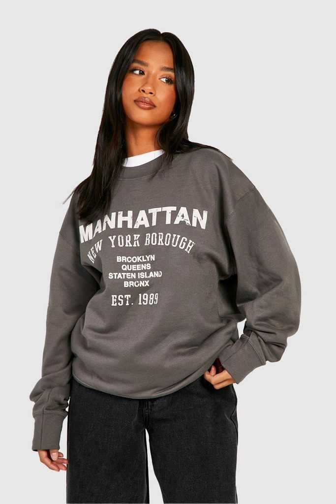 Womens Petite Manhattan Slogan Varsity Printed Oversized Sweatshirt - Grey - S, Grey