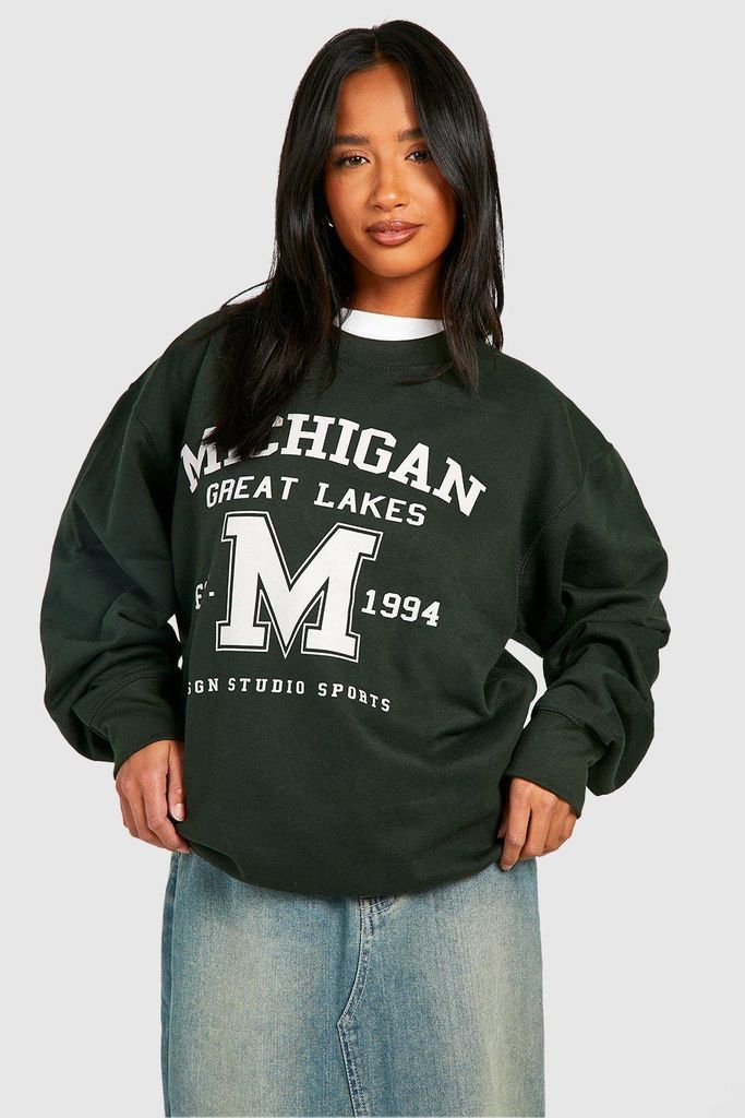 Womens Petite Michigan Slogan Varisty Printed Oversized Sweatshirt - Green - S, Green