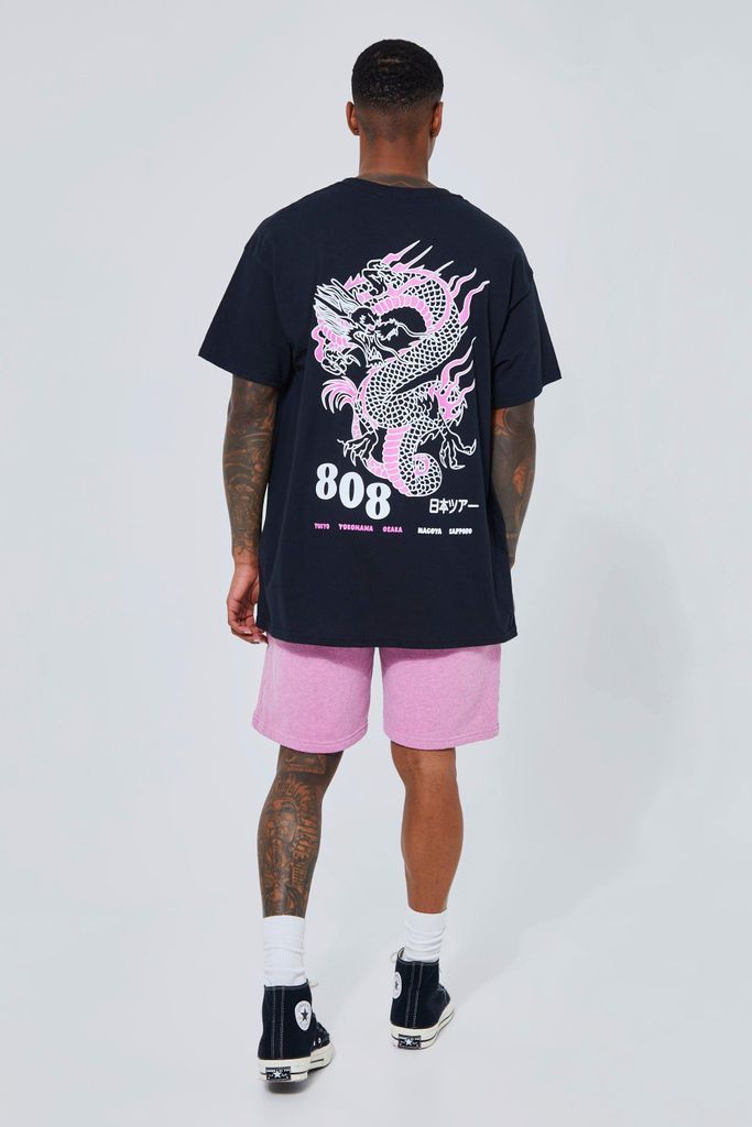 Men's Oversized Overdyed Dragon Graphic T-Shirt Set - Pink - S, Pink