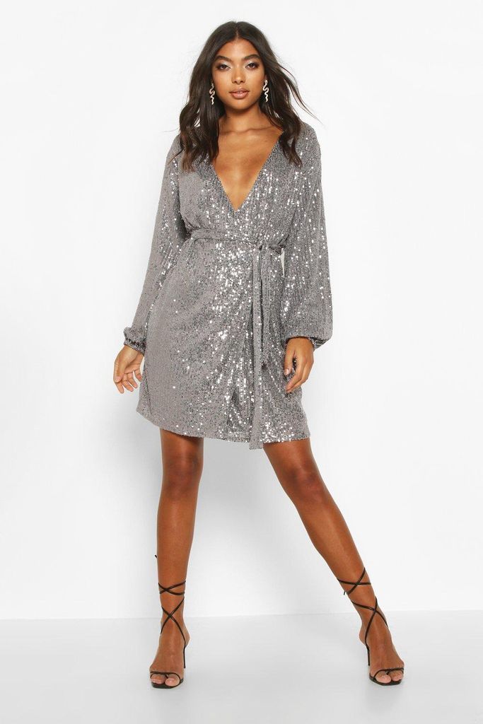 Womens Tall Belted Sequin Dress - Grey - 8, Grey