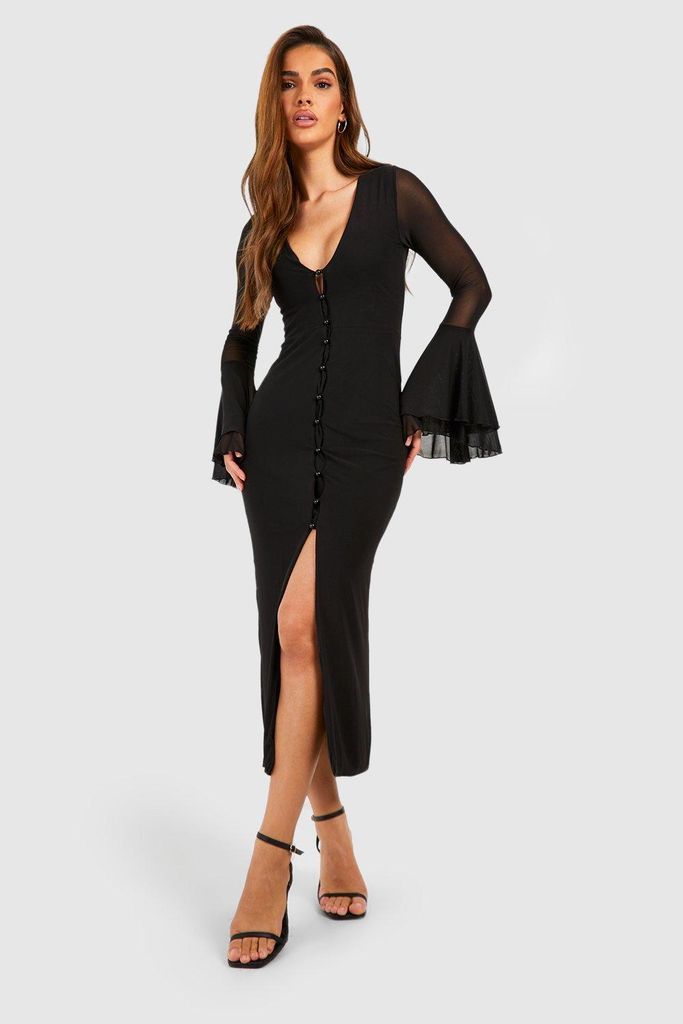 Womens Mesh Flare Sleeve Midaxi Dress - Black - 10, Black