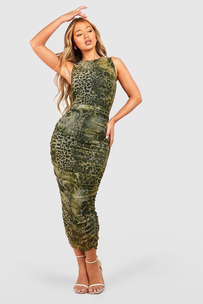 Womens Animal Print Rouched Mesh Midaxi Dress - Green - 16, Green