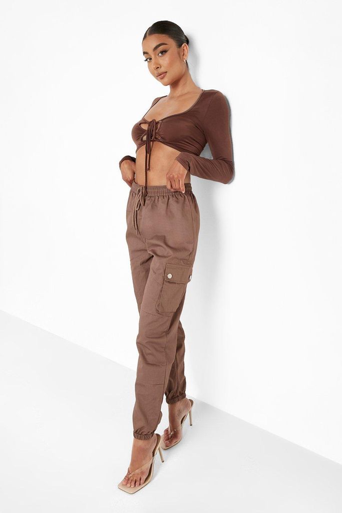 Womens High Waist Woven Pocket Cargo Trousers - Brown - 6, Brown