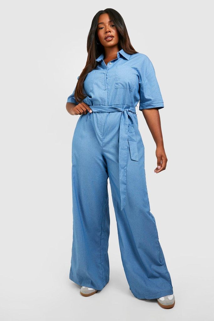 Womens Plus Short Sleeve Chambray Denim Boiler Suit - Blue - 18, Blue