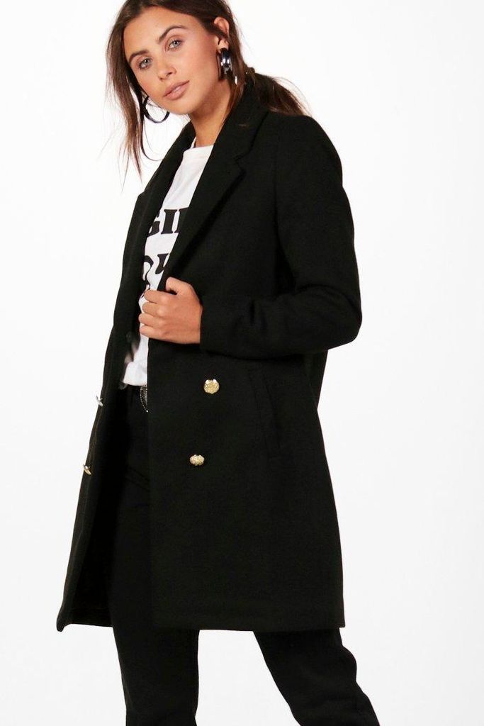Womens Petite Double Breasted Military Duster Coat - Black - 10, Black