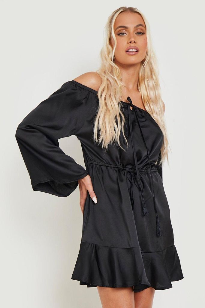 Womens Matte Satin Bardot Tassel Beach Dress - Black - Xs, Black