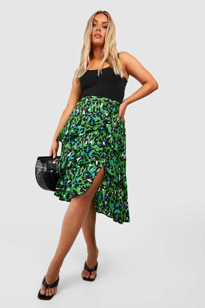Womens Plus Leopard Ruffle Midi Skirt - Green - 22, Green