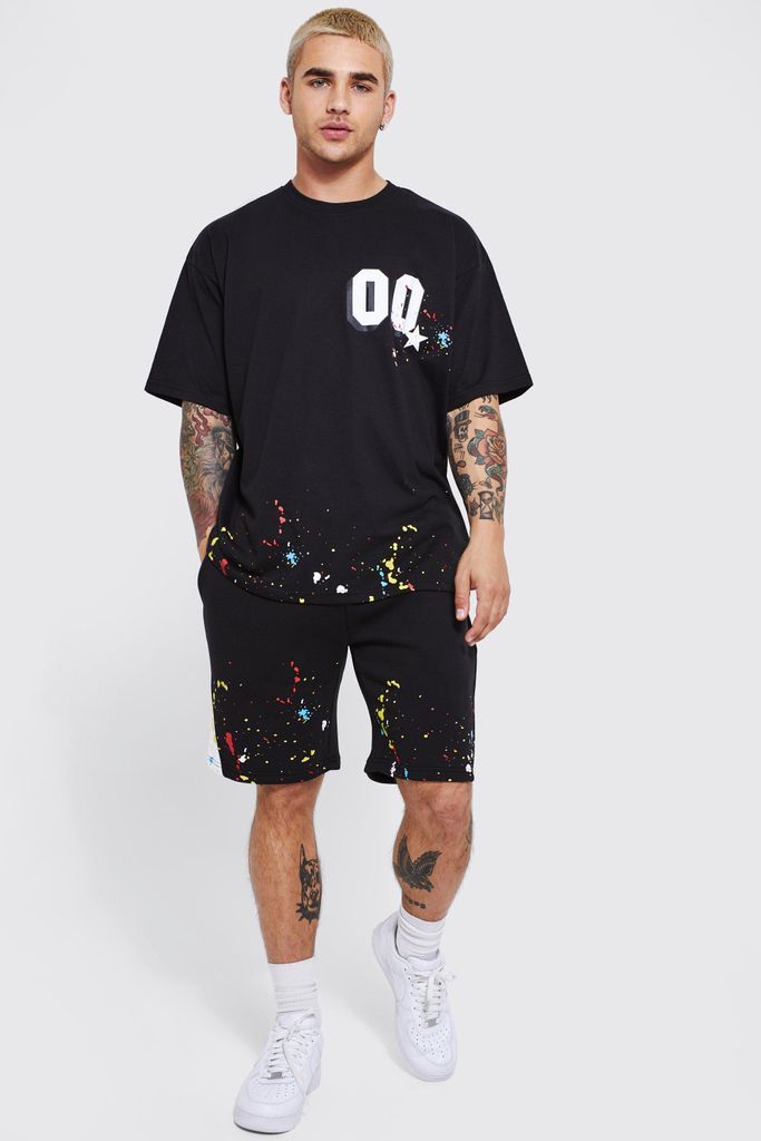 Men's Oversized Paint Splatter T-Shirt & Gusset Short - Black - M, Black