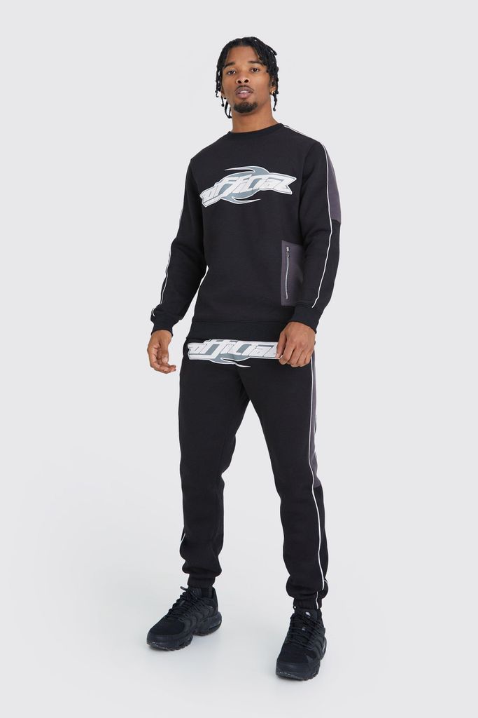 Men's Official Slim Colour Block Sweatshirt Tracksuit - Black - S, Black